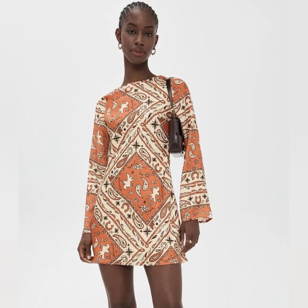 Bailey Rose Paisley Print Long Sleeve Mini Dress in Burnt Orange. Size XS - Picture 3 of 10